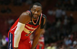 The Washington Wizards' John Wall smiles during the fourth quarter against the Miami Heat at the AmericanAirlines Arena in Miami on Wednesday, Nov. 15, 2017. The Wizards won, 102-93. (David Santiago / Miami Herald / Tribune News Services)