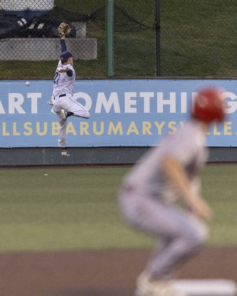 Everett AquaSox outfielder Anthony Donofrio leaps in the air to try and catch a ball hit to the outfield during the game against the Spokane Indians on Tuesday, Aug. 19, 2025 in Everett, Washington. (Olivia Vanni / The Herald)