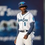 Everett AquaSox infielder Felnin Celesten warms up before the game against the Spokane Indians on Tuesday, Aug. 19, 2025 in Everett, Washington. (Olivia Vanni / The Herald)