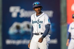 Everett AquaSox infielder Felnin Celesten warms up before the game against the Spokane Indians on Tuesday, Aug. 19, 2025 in Everett, Washington. (Olivia Vanni / The Herald)