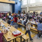 Edmonds School District students participating in a free lunch sit down for lunch time at Lynnwood Elementary School on Thursday, Aug. 21, 2025 in Lynnwood, Washington. (Olivia Vanni / The Herald)