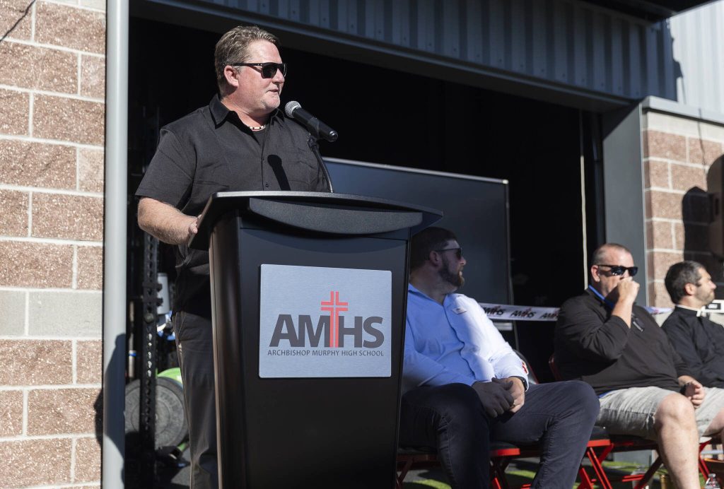 Steve Schmutz speaks at the unveiling of the new fitness facility at Archbishop Murphy High School on Thursday, Aug. 21, 2025 in Everett, Washington. (Olivia Vanni / The Herald)