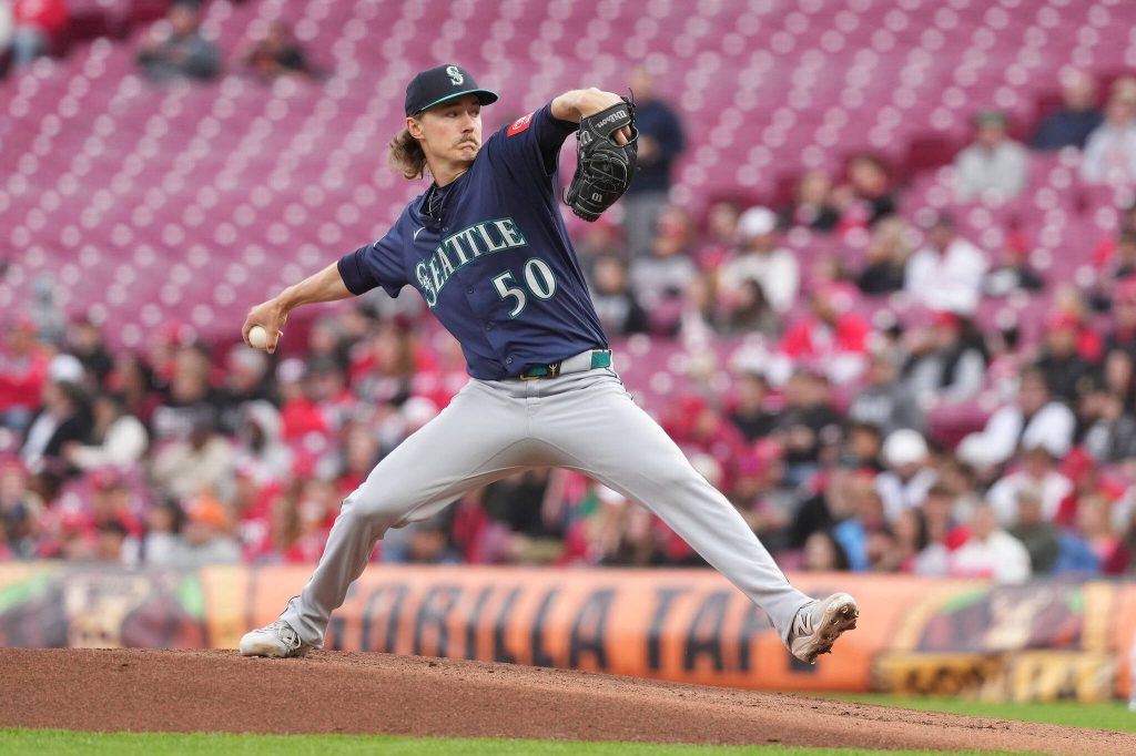 Bryce Miller of the Seattle Mariners pitches during the first inning against the Cincinnati Reds at Great American Ball Park on Wednesday, April 16, 2025, in Cincinnati. (Jason Mowry / Getty Images / Tribune News Services)