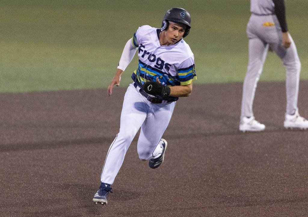 Everett AquaSox outfielder Jonny Farmelo runs the bases during the game against the Spokane Indians on Wednesday, Aug. 20, 2025 in Everett, Washington. (Olivia Vanni / The Herald)