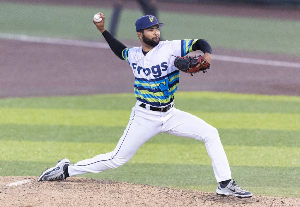 Everett AquaSox pitcher Pedro Da Costa Lemos pitches during the game against the Spokane Indians on Wednesday, Aug. 20, 2025 in Everett, Washington. (Olivia Vanni / The Herald)
