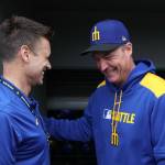 Mariners general manager Jerry Dipoto (left) and team manager Dan Wilson (right) remain optimistic despite recent slump. (Steph Chambers / Getty Images / The Athletic)