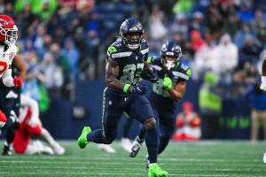 Seahawks receiver Dareke Young (83) runs with the ball against the Kansas City Chiefs on Friday, Aug. 15, 2025 at Lumen Field in Seattle, Washington. (Photo courtesy of the Seattle Seahawks)