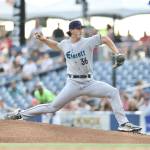 Everett AquaSox starter Ryan Sloan pitches against the Hillsboro Hops in Hillsboro, Oregon on Aug. 16. (Photo courtesy of Evan Morud / Everett AquaSox)