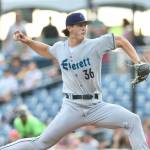 Everett AquaSox starter Ryan Sloan pitches against the Hillsboro Hops in Hillsboro, Oregon on Aug. 16, 2025. (Photo courtesy of Evan Morud / Everett AquaSox)