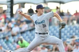 Everett AquaSox starter Ryan Sloan pitches against the Hillsboro Hops in Hillsboro, Oregon on Aug. 16, 2025. (Photo courtesy of Evan Morud / Everett AquaSox)