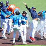 The Everett AquaSox celebrate a walk-off win against the Spokane Indians on Thursday, Aug. 21, 2025 at Funko Field in Everett, Washington. (Photo courtesy of Evan Morud / Everett AquaSox)