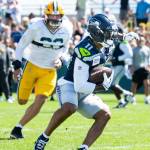 Seahawks wide receiver Jaxon Smith-Njigba (11) runs with the ball during a joint practice with the Green Bay Packers on Thursday, Aug. 21, 2025 at Ray Nitschke Field in Green Bay, Wisconsin (Photo courtesy of Rod Mar / Seattle Seahawks)