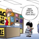 Modern Back to School  Fashion, kevlar, polka-dots, school shootings, fear, childhood fears, parental worries, sale, prepared, safetytoon