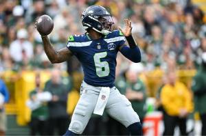 Seahawks QB Jalen Milroe winds up for a pass during a preseason game against the Green Bay Packers on Saturday, Aug. 23, 2025 at Lambeau Field in Green Bay, Wis. (Photo courtesy of the Seattle Seahawks)