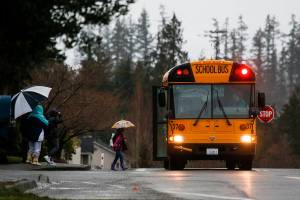 Ian Terry / The Herald A school bus driven by Jan Bates stops on 83rd Avenue Northeast in Marysville on Tuesday, March 14. Bates bus, along with 14 others in the district, have been equipped with cameras to watch for drivers who illegally pass the bus when its stop sign is out. Photo taken on 03142017
