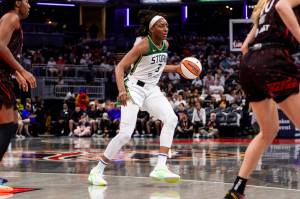 Seattle Storm forward Nneka Ogwumike probes with the ball during a game against the Indiana Fever on Tuesday, Aug. 26, 2025 at Gainbridge Fieldhouse in Indianapolis. (Photo courtesy of Seattle Storm)
