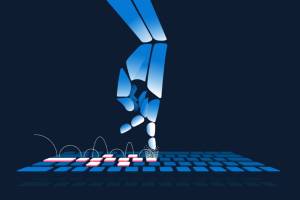 Robotic hand playing hopscotch on a keyboard. Artifical intelligence, text generators, ai and job issues concept. Vector illustration.
