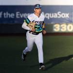 Everett AquaSox outfielder Jonny Farmelo runs in from the outfield during the game against the Spokane Indians on Wednesday, Aug. 20, 2025 in Everett, Washington. (Olivia Vanni / The Herald)