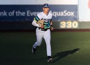 Everett AquaSox outfielder Jonny Farmelo runs in from the outfield during the game against the Spokane Indians on Wednesday, Aug. 20, 2025 in Everett, Washington. (Olivia Vanni / The Herald)