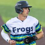 Everett AquaSox outfielder Jonny Farmelo runs in to the dugout during the game against the Spokane Indians on Wednesday, Aug. 20, 2025 in Everett, Washington. (Olivia Vanni / The Herald)