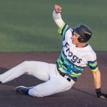Everett AquaSox outfielder Jonny Farmelo slides into second base during the game against the Spokane Indians on Wednesday, Aug. 20, 2025 in Everett, Washington. (Olivia Vanni / The Herald)