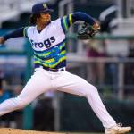 Everett AquaSox pitcher Christian Little pitches in his High-A debut against the Eugene Emeralds on Tuesday, Aug. 27, 2025 at Funko Field in Everett, Wash. (Photo courtesy of Shari Sommerfeld / Everett AquaSox)