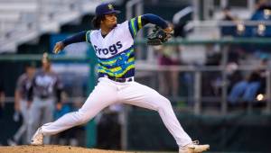 Everett AquaSox pitcher Christian Little pitches in his High-A debut against the Eugene Emeralds on Tuesday, Aug. 27, 2025 at Funko Field in Everett, Wash. (Photo courtesy of Shari Sommerfeld / Everett AquaSox)