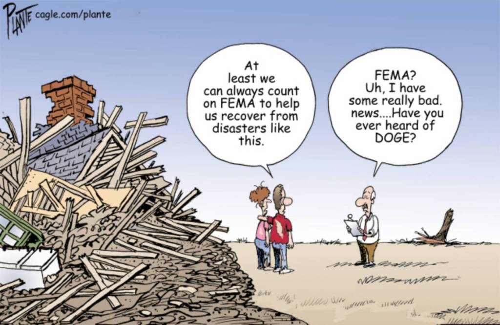 Storm survivors talk about FEMA, DOGE, The Department of Government Efficiency, Trump administration, Federeal Emergency Management Agency, Elon Musk, storms, disasters, eartquakes, hurricanes, tornadoes, fires, forest fires, wildfires, tsunamis
