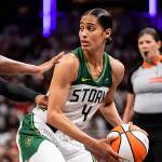 Seattle Storm guard Skylar Diggins holds the basketball during a game against the Indiana Fever on Tuesday, Aug. 26, 2025 at Gainbridge Fieldhouse in Indianapolis, Ind. (Photo courtesy of Seattle Storm)