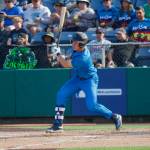 AquaSox outfielder Jonny Farmelo watches the ball off his bat during Everetts 7-5 win against the Eugene Emeralds at Funko Field on Aug. 31, 2025. (Joe Pohoryles / The Herald)