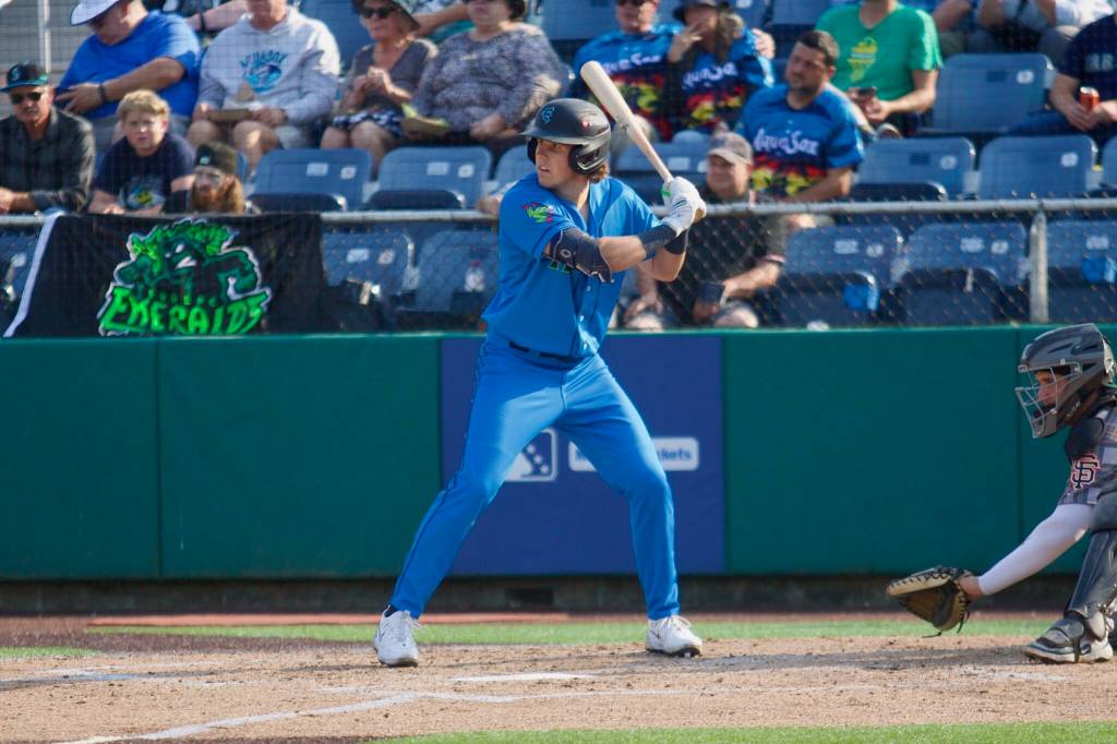 AquaSox infielder Carter Dorighi prepares to swing during Everetts 7-5 win against the Eugene Emeralds at Funko Field on Aug. 31, 2025. (Joe Pohoryles / The Herald)