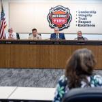 The South County Fire Board of Commissioners listen as people voice their concerns on staff at Station 76 in Mill Creek on Tuesday, Sept. 2, 2025, in Everett, Washington. (Olivia Vanni / The Herald)
