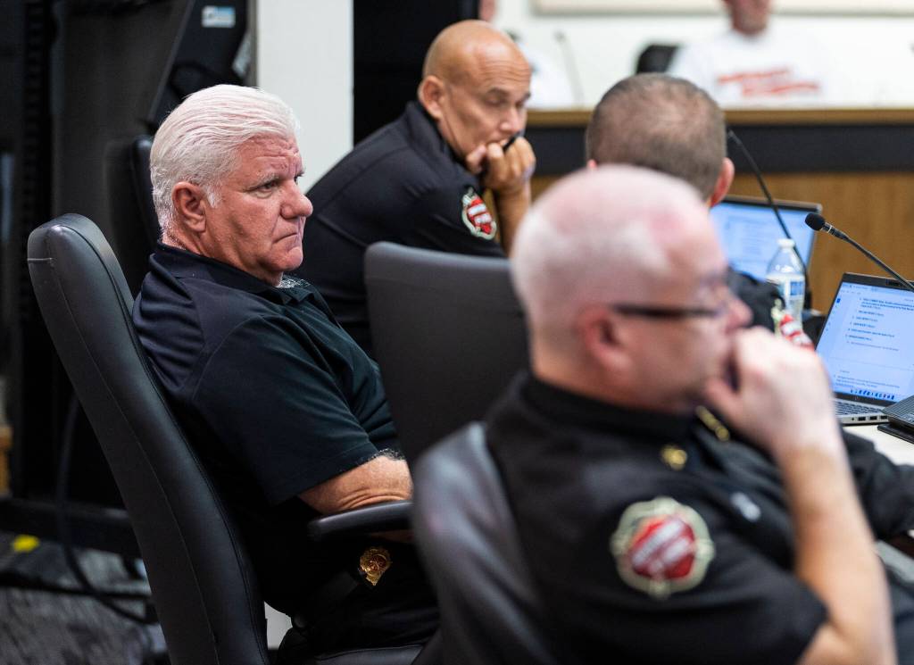 South County Fire Chief Bob Eastman sits at a meeting on Tuesday, Sept. 2, 2025, in Everett, Washington. (Olivia Vanni / The Herald)