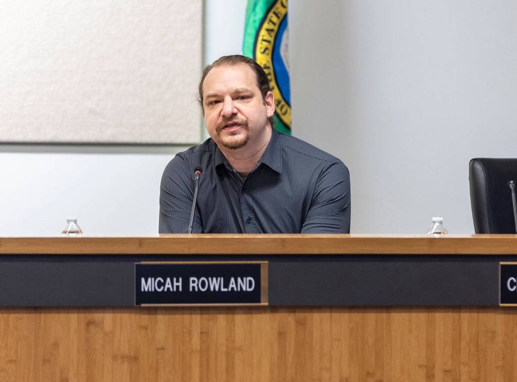 South County Fire board member Micah Rowland speaks at a meeting on Tuesday, Sept. 2, 2025 in Everett, Washington. (Olivia Vanni / The Herald)