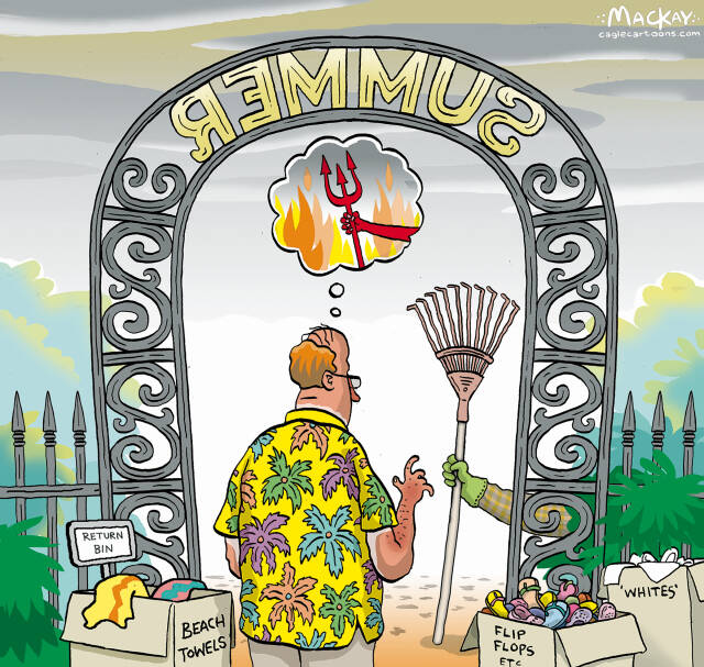 Editorial Cartoon by Graeme MacKay - Monday September 1, 2025

As summer fades into memory, the back-to-school phase ushers in a period marked by the impending gloom of shorter days, overcast skies, and the chill of approaching winter.

(This "evergreen cartoon" was originally published Tuesday September 4, 2007)

editorial cartoon, Summer, hell, depression, autumn, Labor, Labour, day, seasons, back to school