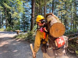A firefighter moves hazard fuel while working on the Bear Gulch fire this summer. Many in the wildland fire community believe the leadership team managing the fire sent crews into an ambush by federal immigration agents. (Facebook/Bear Gulch Fire 2025)