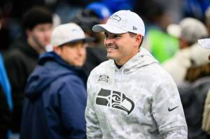 Seattle coach Mike Macdonald looks on before the Seahawks take on the Arizona Cardinals in an NFL game on Sunday, Nov. 24, 2024, at Lumen Field in Seattle. (Naji Saker / Tribune News Services)