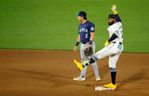 Junior Caminero (13) of the Tampa Bay Rays celebrates his double in the sixth inning against the Seattle Mariners at George M. Steinbrenner Field on Sept. 1, 2025, in Tampa, Florida. (Mike Ehrmann / Getty Images / Tribune News Services)