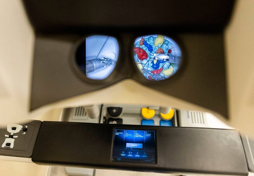 The surgeons view while using the Da Vinci Xi Surgical System on Wednesday in Everett. (Olivia Vanni / The Herald)