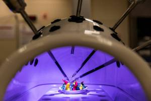 Anfissa Sokolova, M.D., demonstrates how to use the training tools on the Da Vinci Xi Surgical System on Wednesday, Sept. 3, 2025 in Everett, Washington. (Olivia Vanni / The Herald)