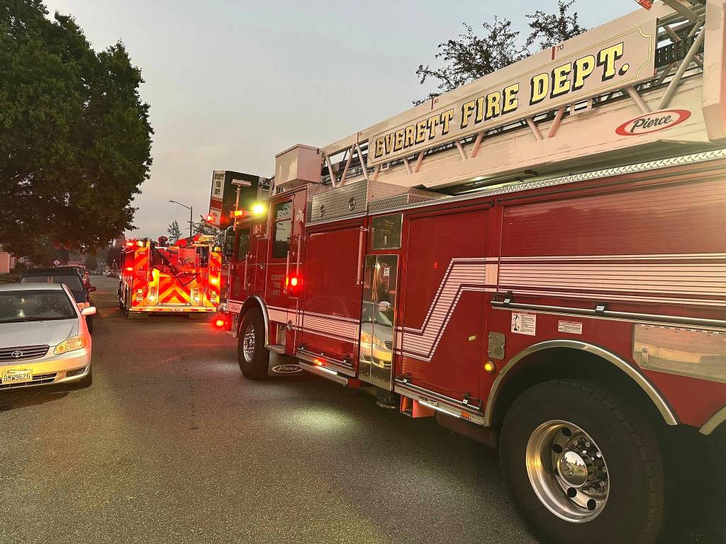 Fire trucks and ambulances at the scene of a fire at a duplex on Wednesday, Sep. 3, 2025, on Linden Street in Everett. (Everett Fire Department)