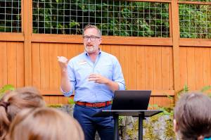 Provided photo
Harrison Edell speaks at the PAWS Companion Animal Shelter in Lynnwood.