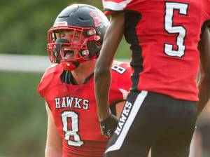 Mountlake Terrace’s Nate Brown yells in celebration after getting a tackle during the game against Cascade on Friday, Sept. 6, 2024 in Edmonds, Washington. (Olivia Vanni / The Herald)