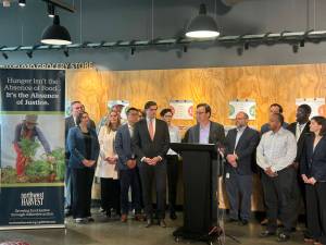Washington Gov. Bob Ferguson hosts a press conference on the impacts of President Donald Trumps tariffs at Northwest Harvest on Thursday, Sept. 4, 2025, in Seattle, Washington. (Photo by Jake Goldstein-Street/Washington State Standard)