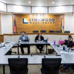 Lynnwood City Council members gather for a meeting on March 17 in Lynnwood. (Olivia Vanni / The Herald)