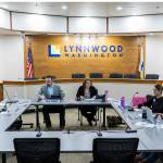 Lynnwood City Council members gather for a meeting on Monday, March 17, 2025 in Lynnwood, Washington. (Olivia Vanni / The Herald)