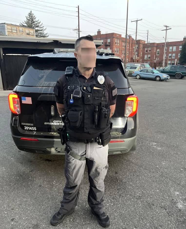 Bremerton Police Department
A man, with his face digitally blurred, was arrested by Bremerton police for allegedly impersonating an Edmonds police detective in Bremerton on Friday.