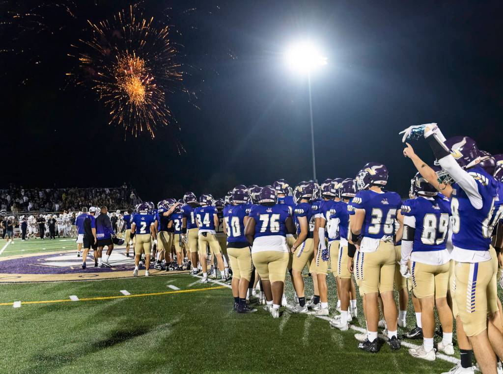 Fireworks explode in the air after Lake Stevens beats Sumner on Friday, Sept. 5, 2025 in Lake Stevens, Washington. (Olivia Vanni / The Herald)
