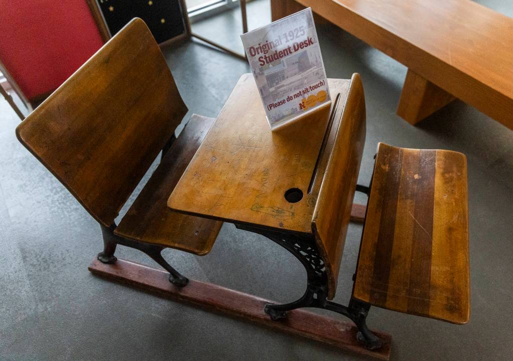 An original desk from 1925 on display at North Middle School on Tuesday, Sept. 9, 2025 in Everett, Washington. (Olivia Vanni / The Herald)