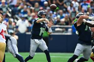 Seahawks quarterback Sam Darnold (14) throws a pass against the San Francisco 49ers on Sunday, Sept. 7, 2025 at Lumen Field in Seattle, Washington. (Photo courtesy of the Seattle Seahawks)